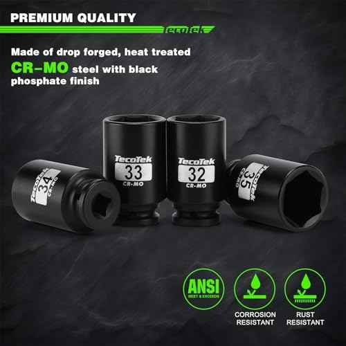 1/2" Drive Deep 6-Point Impact Socket Set, 11-Piece Deep Metric Spindle Axle Nut Impact Socket Set, Cr-Mo, 27mm - 41mm