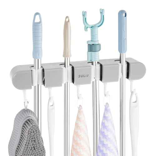 3PCS Broom Mop Holder with Hooks Wall Mounted Broom Storage Rack No Drilling Self-Adhesive Mop Broom Organizer Mop Holder Hanger for Bathroom Office Kitchen Closet Garage,Grey (3)