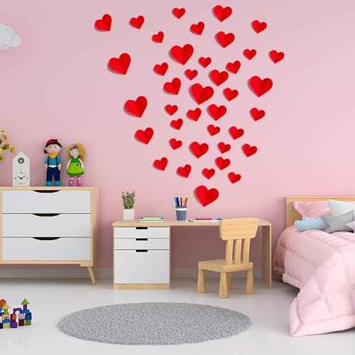 120 Pcs 3D Heart Wall Stickers Valentines Day Wall Decorations Waterproof Red Heart Walls Decals Love Hearts PVC Walls Stickers Decal for Wedding Anniversary Party Bedroom Home School Office Decor
