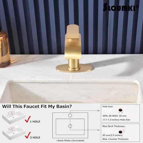 Brushed Gold Waterfall Bathroom Faucet Single Hole, Gold Bathroom Faucet for Sink 1 Hole with 6 in Deck Plate and Pop Up Drain and Supply Hose, Modern Bathroom Sink Faucet