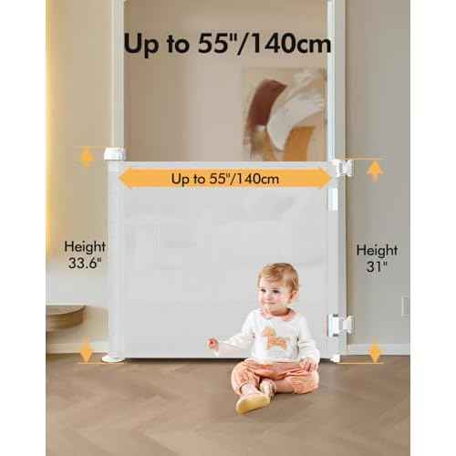 Retractable Baby Gate for Stairs & Doorways, 55" Wide x 33.6" Tall Easy Installation Mesh Dog Gate for Indoor & Outdoor Use,Pet and Dog Safety Gate for Hallways(White)