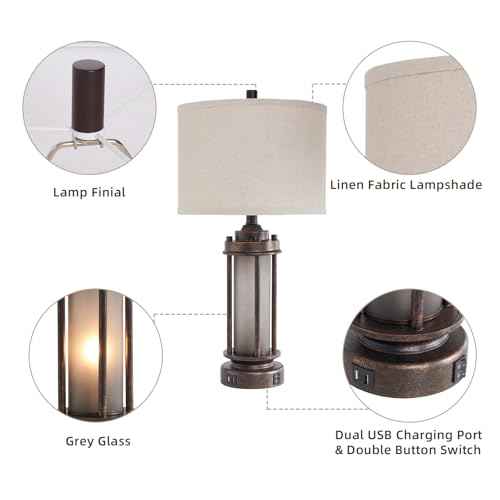 25'' Farmhouse Table Lamp with 2 USB Charging Ports, Rustic Vintage Nightstand Lamp with Frosted Glass Nightlight, Retro Desk Lamp for Living Room Bedroom End Table Entryway, 2 Bulbs Included