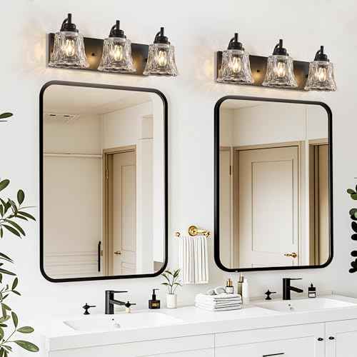 Bathroom Light Fixtures, 3 Lights Black Vanity Lights for Bathroom, Matte Black Antique Finish with Crystal Glass Shade, Farmhouse Lighting Fixtures Over Mirror for Bedroom, Living Room
