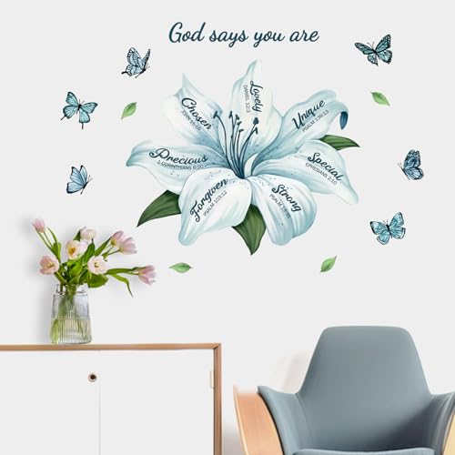 Yovkky Lily Flower Religious Inspirational Quote Wall Decals Stickers, Motivational God Says You are Teal Floral Butterfly Home Bedroom Decor, Positive Living Room Kitchen Decorations Art