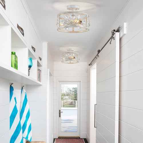 WUZUPS Crystal Leaf Chandelier 3-Light Vintage Farmhouse Industrial Semi-Flush Mount Ceiling Light Lighting Fixture for Foyer Hallway Storage Room Kitchen Bathroom, H 8.5" W 12", Antique White