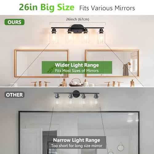 Ascher 4-Light Bathroom Light Fixtures, Modern Vanity Lights with Clear Glass Shade, Matte Black Wall Lamp for Bathroom Mirror Hallway Cabinet Porch