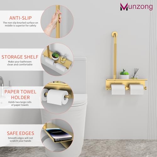 Bathroom Grab Bar w/Toilet Tissue Roll Holder, Gold 3 in 1 Double Toilet Paper Holders w/Storage Shelf, Anti Slip Stainless Steel Safety Hand Rail Support Handicap Elderly Senior Assist Bath Handle