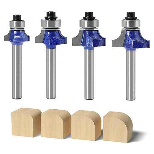 Roundover Router bit Set£¬Professional 1/4 inch Shank Roundover Edging Router Bit Set£¬Bearing Guide for Rounding Edge bit (for R 1/8", 1/4", 3/16", 25/64") 4Pcs (Roundover Router bit Set)