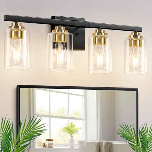 4-Light Bathroom Light Fixtures, 27" Modern Vanity Lights Over Mirror with Clear Glass Shades, Black & Gold Wall Sconce, Classic Wall Light Fixture for Mirror Living Room Cabinet Bedroom Porch Kitchen