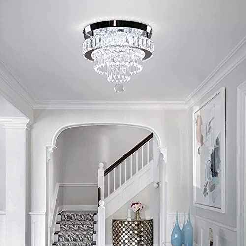11.8" Dimmable Crystal Chandelier Crystal Ceiling Light Modern Chandeliers Flush Mount Ceiling Light Lamp Fixture for Dining Room Living Room Bedroom Hallway Remote Control