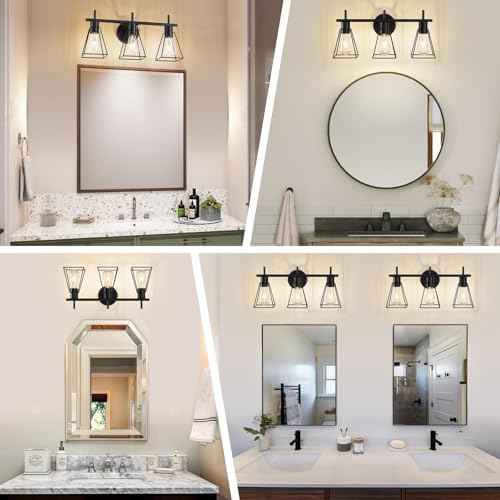 Farmhouse Bathroom Vanity Light Fixtures Over Mirror, Matte Black 3-Light Wall Sconce with Metal Cage, E26 Socket (Bulbs Not Included)
