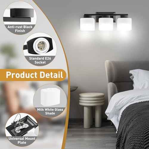 3-Light Bathroom Light Fixtures - Black Bathroom Vanity Lights with Frosted Glass Shade Modern Bathroom Lighting Fixtures Over Mirror - Wall Sconce Lamps for Bedroom,Living Room,Hallway