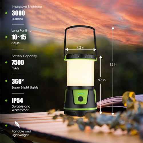 Rechargeable Camping Lantern 3000 Lumens ? LED Flashlight with 5 Modes, IP54 Waterproof, 7500mAh Battery, Portable Bright Light for Power Outages, Emergencies, Hurricanes & Hiking