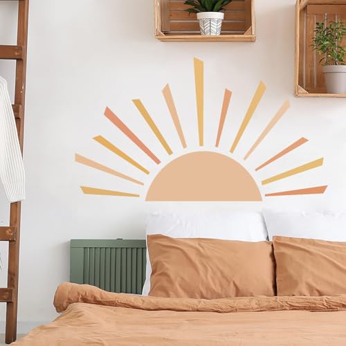Large Half Sun Decor Nursery Wall Decal, 34"x59" Sunshine Stickers, Boho Wall Decals, Vinyl Peel and Stick Wall Stickers for Kids Bedroom Playroom Classroom Nursery Decor