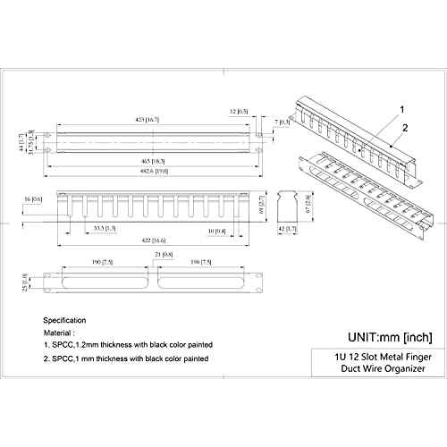 2 Pack- Metal 1U 19 Inch Cable Manager 12 Big Slots Horizontal Rack Mount Wire Organizer Cable Management System with Cover and Mounting Screws for 19" Network Cabinet(1UCM12S2PC)