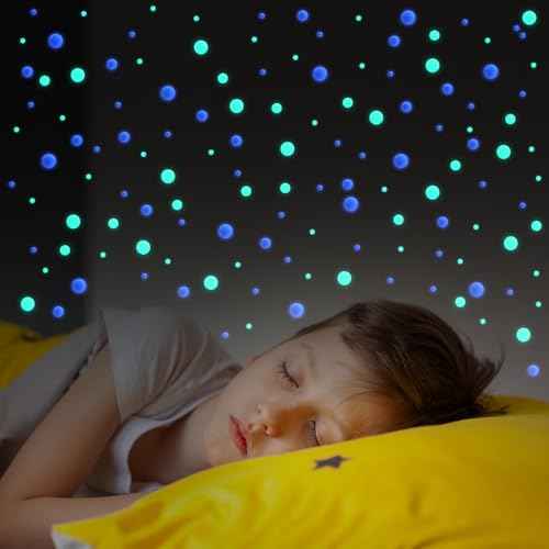 808 Pcs Glow in The Dark Stars for Ceiling, Glowing Stars Wall Decals, 3D Green and Blue Dots Starry Sky Shining Decor Stickers for Kids Bedding Room Birthday Gift Ceiling Decor