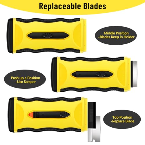 DEKEones Razor Blade Scraper, 1 Pack?2-in-1 Scraper Tool with 5Pcs Plastic Blades and 5 Pcs Metal Blades, Multifunctional Cleaning Razor Scraper for Stickers, Decals, Cooktop, Oven£¨Yellow£©