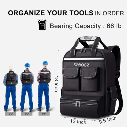 Tool Backpack for Men 18 Inch Heavy Duty Waterproof Multiple Pockets Tool Bag Organizer with Shoulder for Electrician Mechanics HVAC Engineer