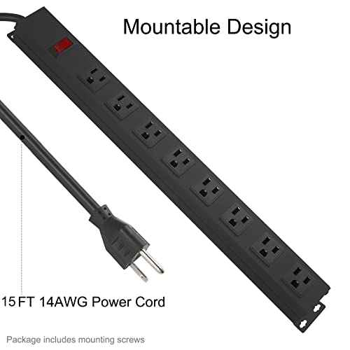 2Pack Metal 8 Outlet Mountable Power Strip, Wall Mount Outlet Heavy Duty, Wide Spaced Commercial Shop Power Strip with Switch, 15 FT SJT 14AWG Power Cord.