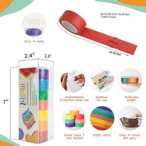 Colorful masking tape for arts and crafts, handmade labels, painters tape, painters tape, kids art supplies. Each roll is 1 In x 14.2 Yards (2.5cm x 13m), 7 rolls of different color tapes in a box.