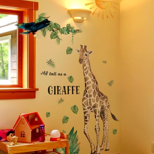 Large Giraffe Wall Decals Boho Sun Tropical Green Leaves As Tall As a Giraffe Wall Stickers for Boys Bedroom Toddler Room Nursery Daycare Classroom Wall Decor