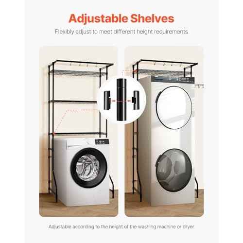 VEVOR Over The Washer and Dryer Storage Shelf, 3 Tier Laundry Room Drying Rack with Hanger Rod and Hooks, Adjustable Over Washer and Dryer Shelves, Laundry Room Shelf Storage Space Saver, Black