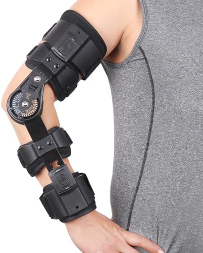 GHORTHOUD Hinged ROM Elbow Brace - Adjustable Post Op Elbow Brace Stabilizer Splint with Strap Sling Arm Injury Recovery Support After Surgery for Men Women (Right, Black)