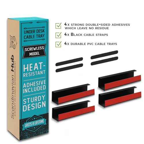 No-Screw Under Desk Cable Management Tray - Self-Adhesive Installation, Cord Management, Cable Tray, Under Desk Wire Organizer - Black Set of 4