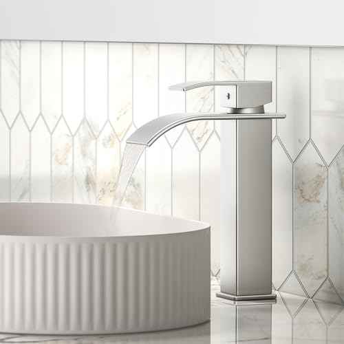 Rywuanku Tall Brushed Nicklel Bathroom Faucet Waterfall Spout, Single Handle Sink Faucet with Pop-up Drain & Deck Plate, Modern 1 Hole Vanity Faucet for RV, Farmhouse, Camper or Bathroom