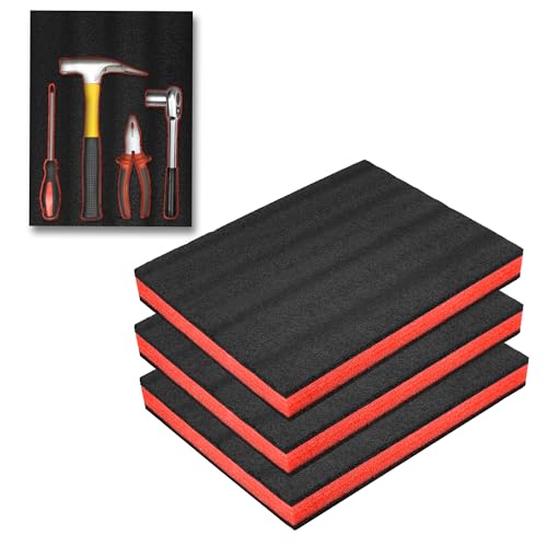 3Pack Cuttable Polyurethane Foam Sheets, Polyethylene Tool Foam Sheets, Drawer Liner, ToolBox Kaizen Organizer and Storage Tool Shadow - RED&BLACK (16X12X2 RED&BLACK)