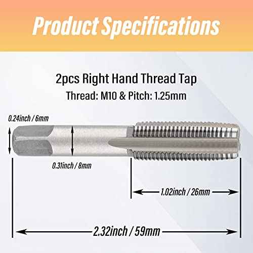 2pcs M10x1.25 Tap, M10 Metric Thread Tap Right Hand Thread Tapping Tool, HSS Thread Milling Taps (M10 x 1.25, Taper & Plug Tap)