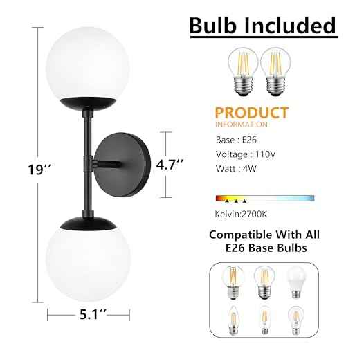 KoKo&Yukina Mid Century Modern Bathroom Matte Black Bathroom Vanity Light Fixtures Globe Sconce 2 Light Vanity Light Gold Vanity Light Mid Century Wall Sconce