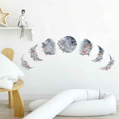 Moon Phase Wall Stickers, 7 Pieces Removable Moon Phase Plants Flower Wall Stickers Decals, Peel and Stick Modern Boho Stickers, Wall Art Decoration for Living Room Bedroom Kids Room Home Office Dorm