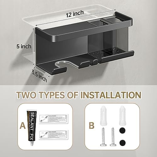 Hair Dryer Holder, Blow Dryer Organizer, Hair Dryer Holder Wall Mounted with Shelf for Bathroom, Salon, Bedroom Organizers & Storage(Matte Grey)