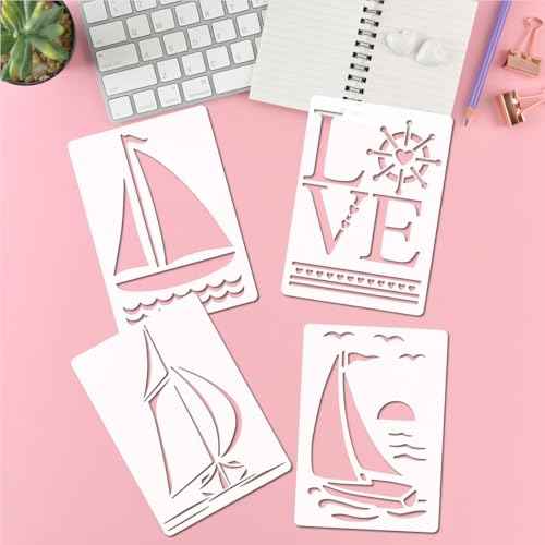 12pcs Sea Ocean Sailing Boat Seagull StencilNautical Sailboat Painting Stencils with Paint Brush Summer Sea Wave Fish Cloud Template for DIY Craft Furniture Wood Canvas