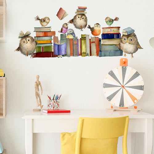 Reading Books Wall Decals,Owl Books Wall Stickers,Peel and Stick Art Wall Decors,Removable Learning Student Artwork,for Kids Bedroom Nursery Playroom Classroom Library Reading Corner Decoration