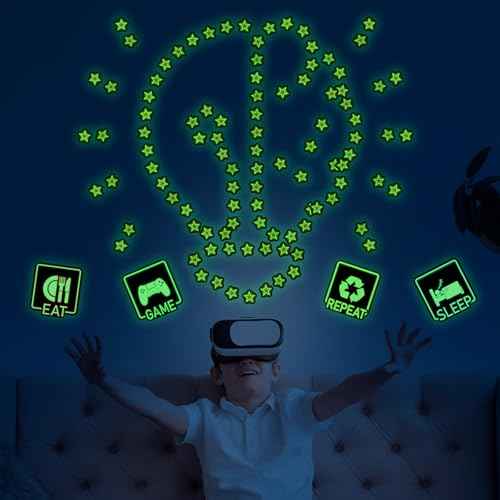 Glow in The Dark Neon Game Wall Stickers, EAT Sleep Game Repeat Wall Decals, Luminous Stars Gaming Boy Room Decor, Kids Bedroom Playroom Nursery Party Decorations