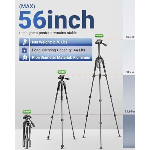 Laser Level Tripod, Huepar 56-inch Extendable Height Tripod Use with Line Lasers, Point Lasers, Laser Distance Measures, 1/4" and 5/8" Thread Mount, Multi-Function Hook, Non-Skid Feet, TPD14