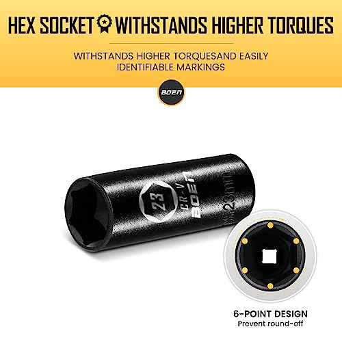 BOEN 1/2" Drive Deep Impact Sockets, Premium Impact Socket, 23mm Socket, Metric, 6 Point, Cr-V Steel with Laser Marking - Strong and Durable
