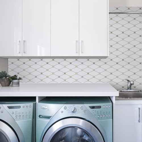STICKGOO 10 Sheets Peel and Stick Backsplash, Pure White Marble Look PVC Mixed Metal Gold Kitchen Backsplash, Stick on Backsplash Wall Tiles for Kitchen, Bathroom, RV