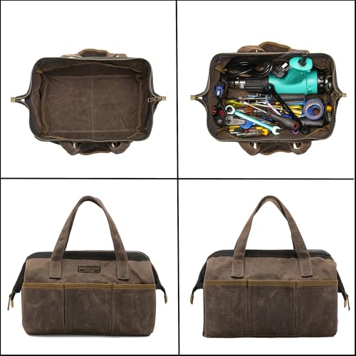 Tool Bag, 13-inch Heavy Duty 16oz Waxed Canvas Wide Mouth Water-Resistant Tool Bag, Tool Tote with Handle for Tools, Wrenches, Screwdrivers (13 X 7.8 X 9 inch) | Grey