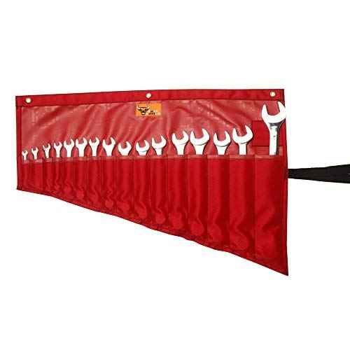 BULL TOOLS 16-Pocket Tool Organizer Roll-Up Pouch with Carry Bag Heavy Duty Ballistic Polyester Canvas SAE/Metric Tool Roll for Wrenches, Screwdrivers & Small Tools, Waterproof, Compact & Durable-Red