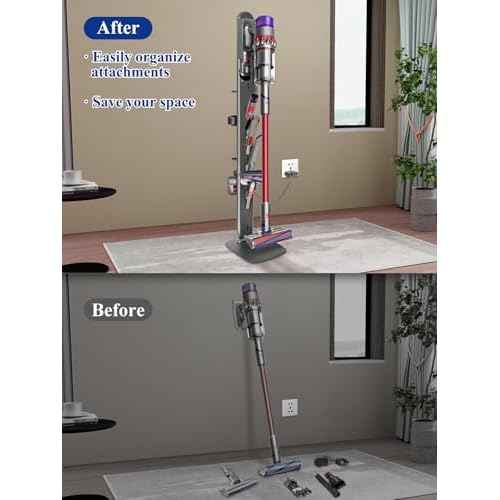 Metal Vacuum Stand for Dyson Gen5 V15 V12 V11 V10 V8 V7 V6 Cordless Vacuum Organizer with 4 Hooks & 4 Shelves, Hidden Cable Design, Space-Saving Attachment Holder for Dyson Cordless Vacuums