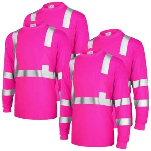 Amylove 4 Pcs Women Long Sleeve Safety Shirt High Visibility Shirts Reflective Construction Work Shirts for Women(L,Rose Red)