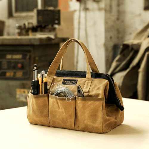 Tool Tote, 13-inch Heavy Duty Waxed Canvas Wide Mouth Tool Bag, Open Top tool Pouch with Handle for Tools, Wrenches, Screwdrivers (13 X 7 X 9 inch) | Khaki