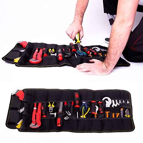 Teutonic Roll Up Tool Bag, 25 Pockets Pouch Waterproof Organizer Kit for Wrenches; Perfect Set for Mechanics, Electricians, Handymans;Keychain + eBook