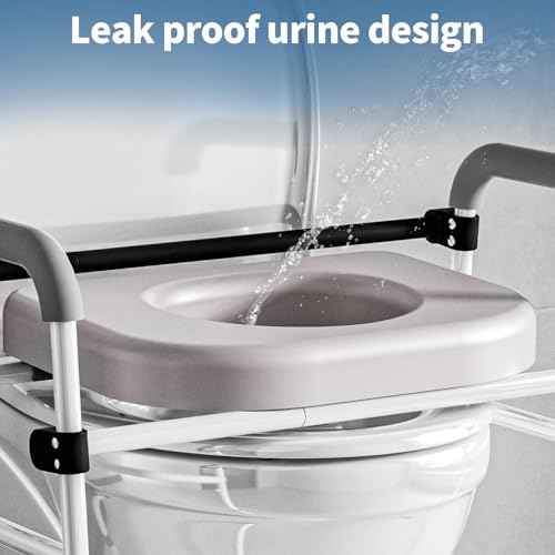 Toilet Seat Riser Adjustable Height Elevated Shower Commode Chair with Handles and Thick Soft Pad Heavy Duty 350lbs Bedside Commode Chair for Elderly Handicap Pregnant Easy to Assemble