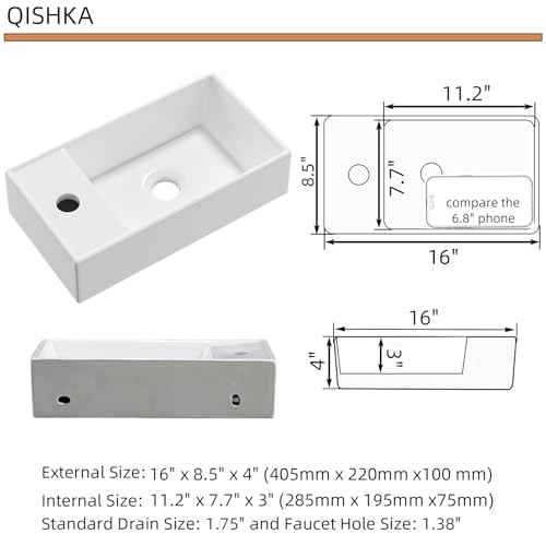 Wall Mount Bathroom Sink, QISHKA 16" x 8.5" Modern Ceramic Rectangular Floating Sink, White Rectangle Wall Hung Wash Basin Vessel Sink, Save Space for Bathrooms (Left Hand)