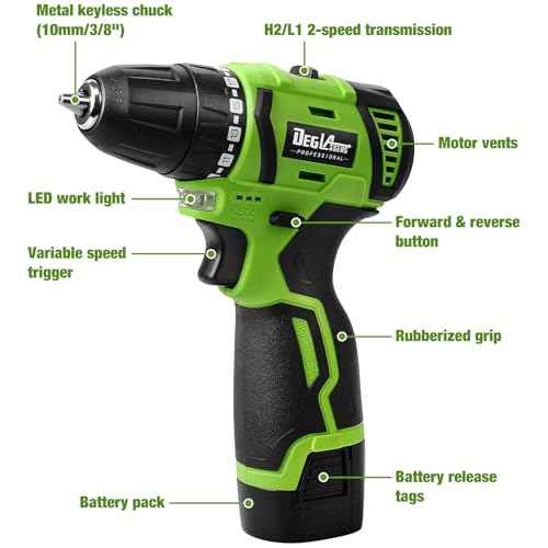 16.8V Cordless Drill, DEGLASERS Electric Power Drill with Battery and Charger, 3/8¡±Keyless Chuck, 2 Variable Speed, 20+1 Torque Setting for Man/Women Home Use