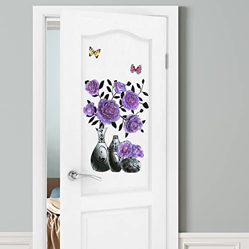 Supzone 3D Vase Stereo Flower Wall Stickers - DIY Purple Superposition Floral Decal - Removable Waterproof Art for Bedroom, Living Room, Offices, Study Room Home Decoration